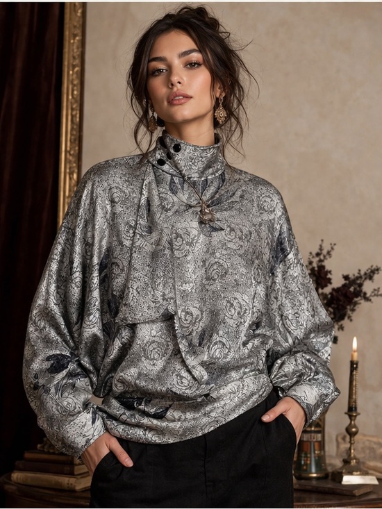 Vintage Tops - Vintage Castlecore Satin Floral Blouse Dolman Mock Neck Maximalist Whimsigoth